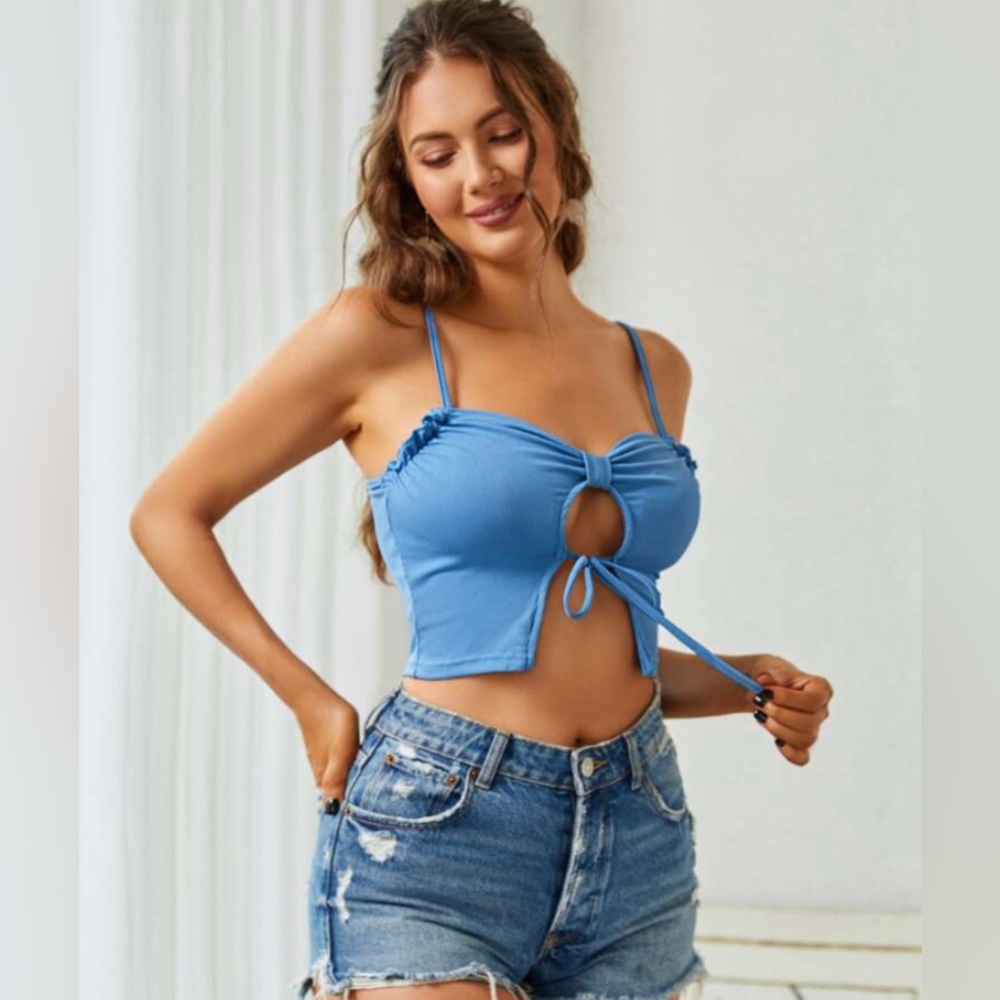 SHEIN MEDIUM BLUE CUT OUT FRONT TIE CROP TOP